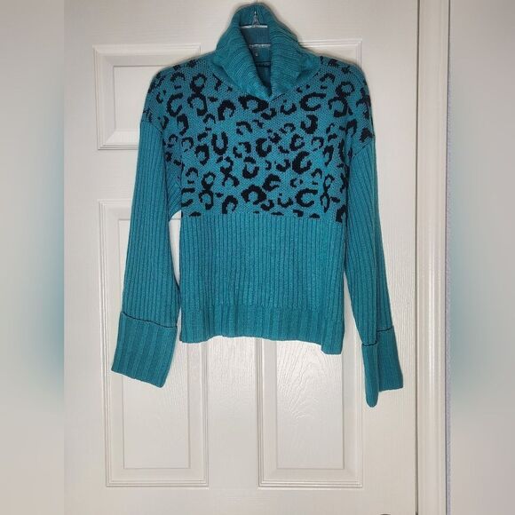 NWT Nine West M TurquoisBlackRibbed LeopardKnit Cropped Turtleneck Women Sweater - Picture 3 of 12